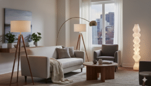 Modern living room featuring stylish floor lamps with warm ambient lighting and contemporary decor.
